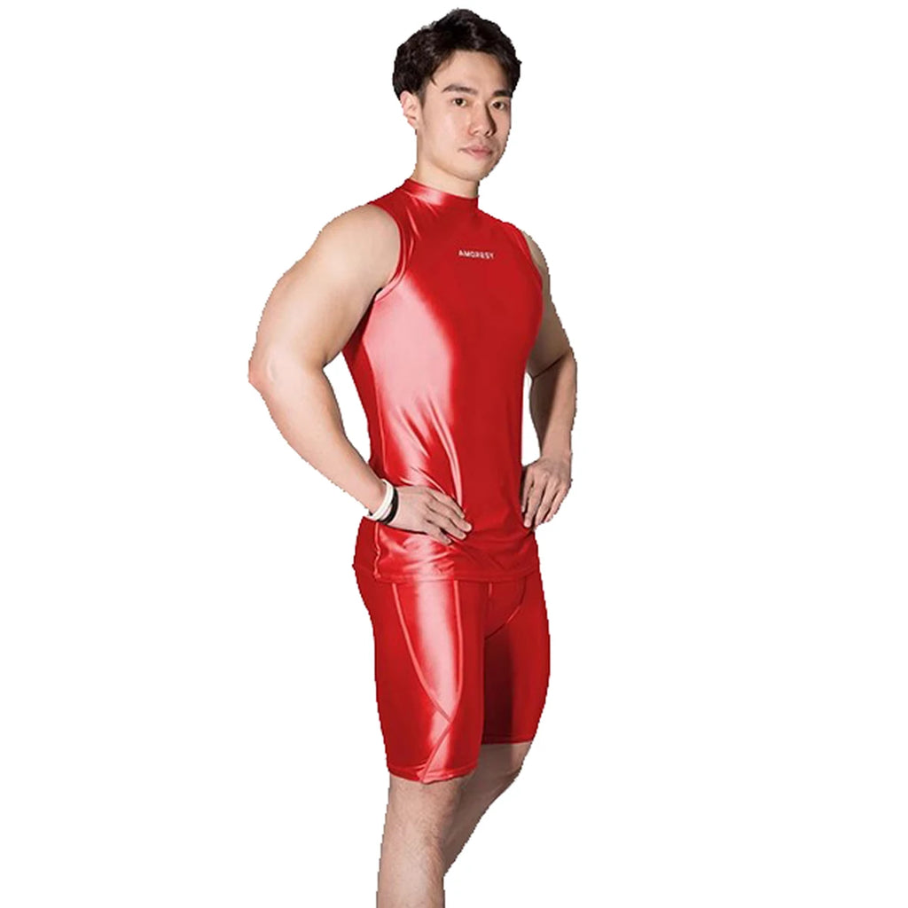 AMORESY Poseidon Series Men Glitter Satin Sleeveless Tight Sportwear Running Cycling Gym Outdoor Vest Tops Breathable Underwear