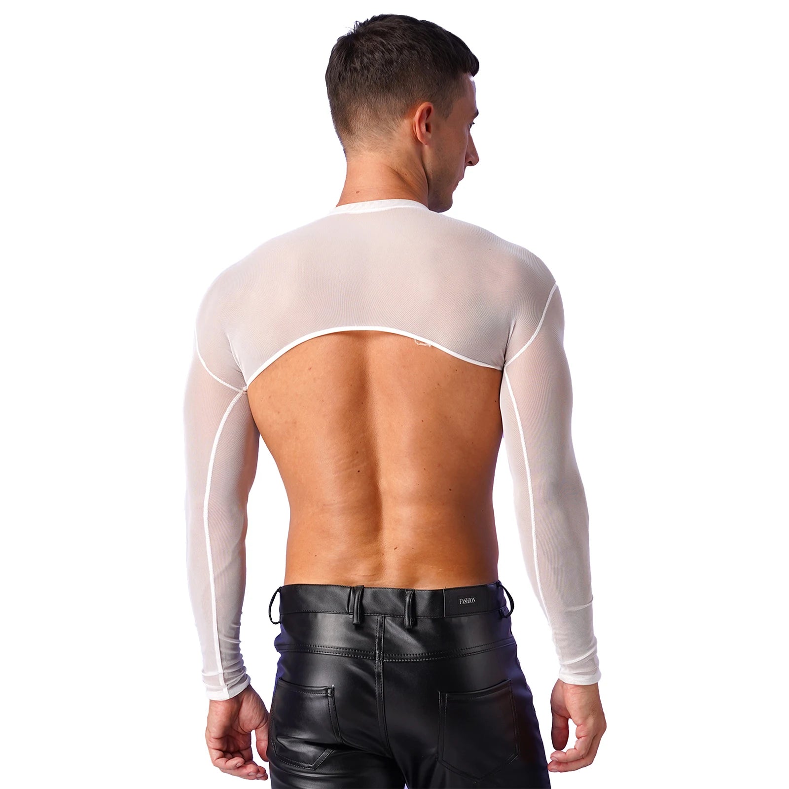 Men Cropped T Shirt Mesh See Through Long Sleeve Sexy Tee Cropped Tops Cover Ups Underwear Streetwear Party Nightclub Camisetas