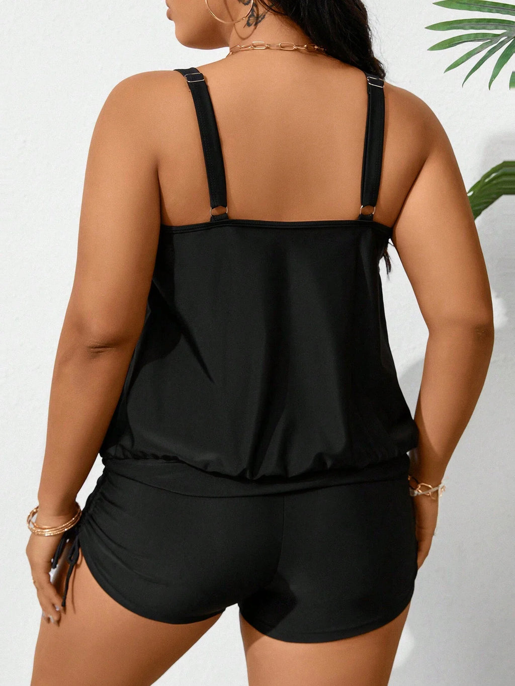 Plus Size Summer Beach Solid Sleeveless Ruched Tankini Set