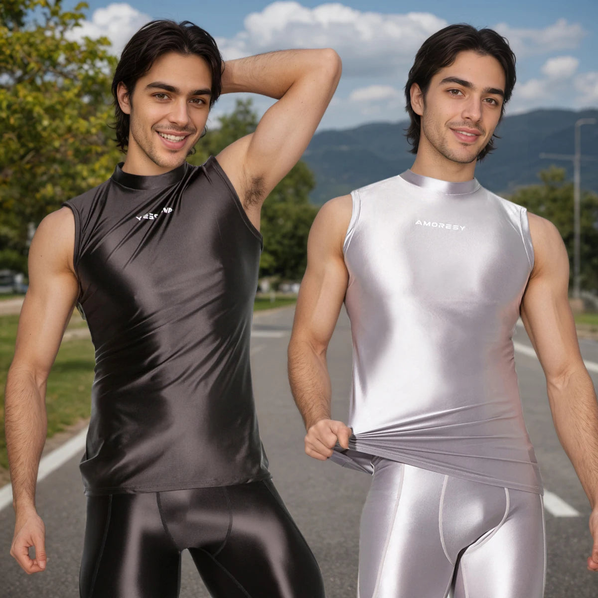AMORESY Poseidon Series Men Glitter Satin Sleeveless Tight Sportwear Running Cycling Gym Outdoor Vest Tops Breathable Underwear