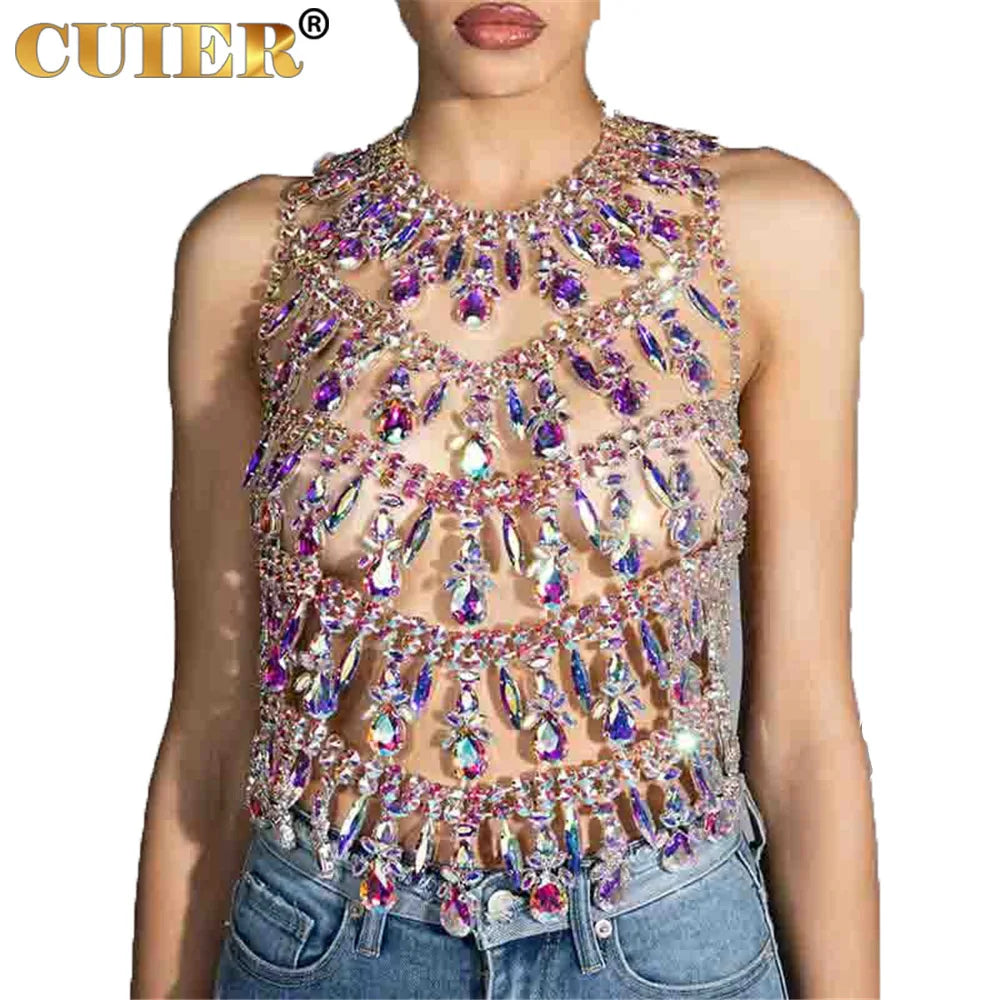 CUIER Gorgeous Crystal AB Glass Gemstone Women Tops Handmade Body Jewelry Sparkly Underwear For Fashion Show Accessories