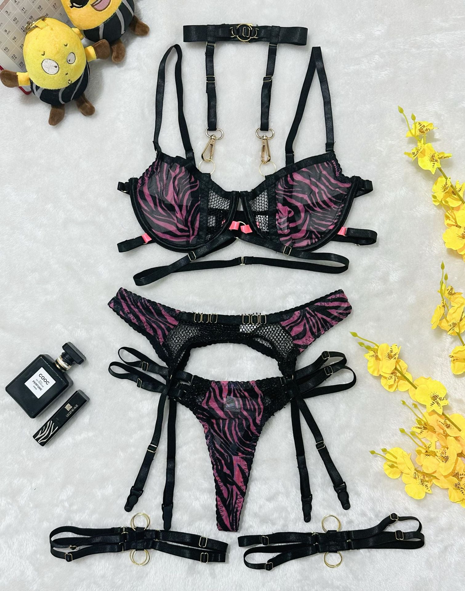 Zebra Print Halter Mesh Detachable Strap Grid Splicing Hollow Out Lingerie Set