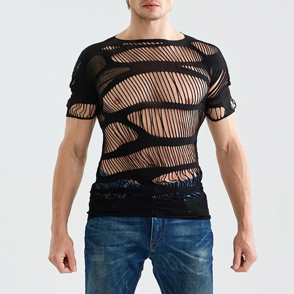 1pc Men Sexy Mesh Sheer Top Short Sleeve Mesh See Through Tops Hollow Out O-neck T-shirts Solid Color Underwear