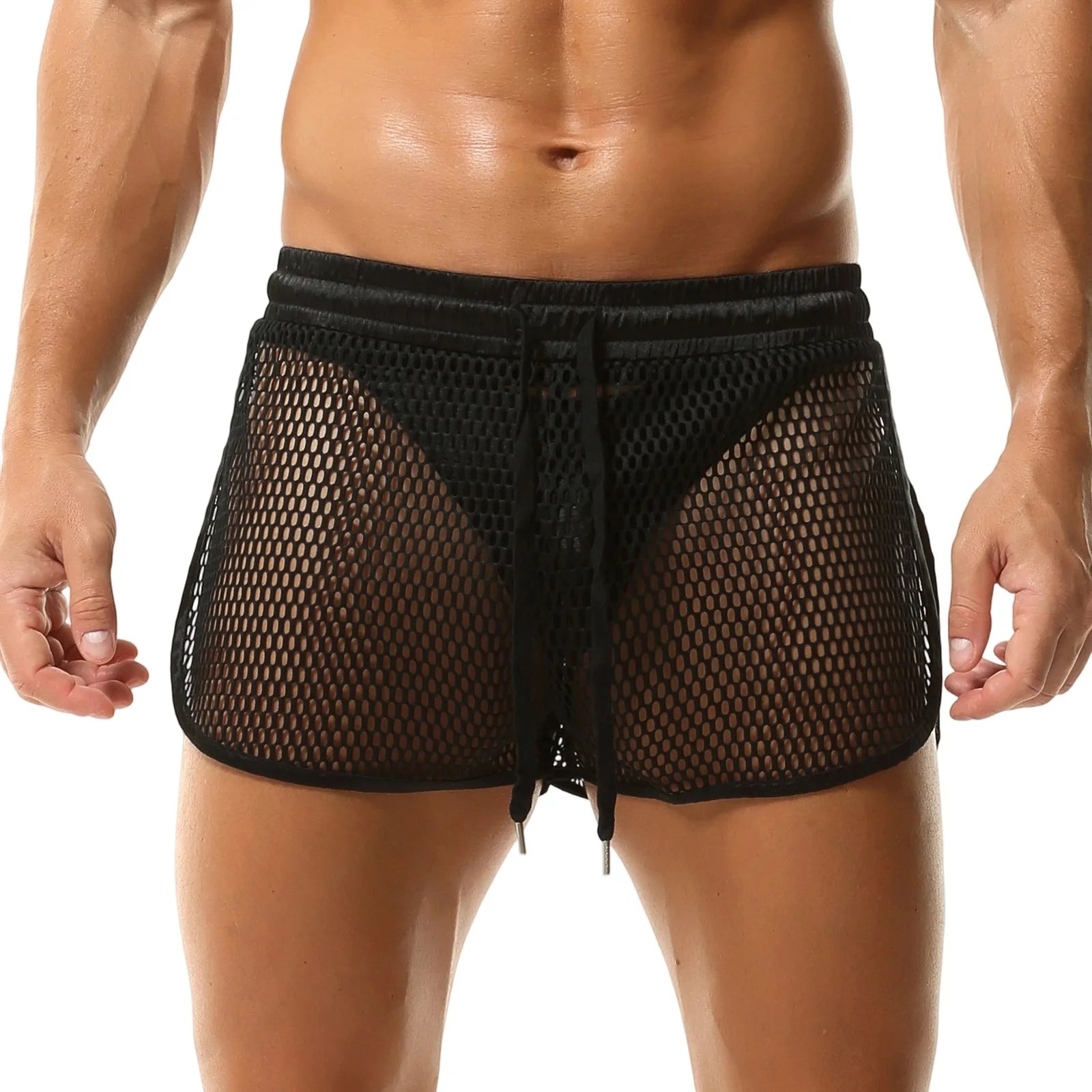 Men s Mesh Shorts Hollow-Out See Through Underwear Sheer Breathable Fishnet Boxer Briefs Split Sides Quick Dry Active Shorts