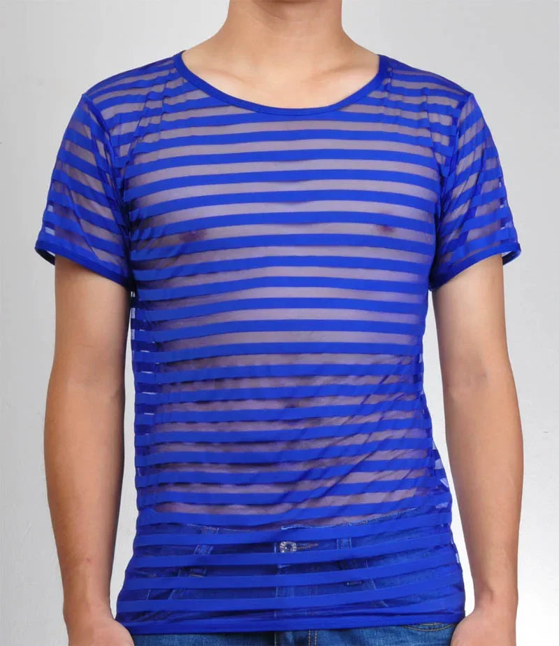 Sexy Male T-Shirt  Undershirts Men Mesh Stripe See Through  Underwear