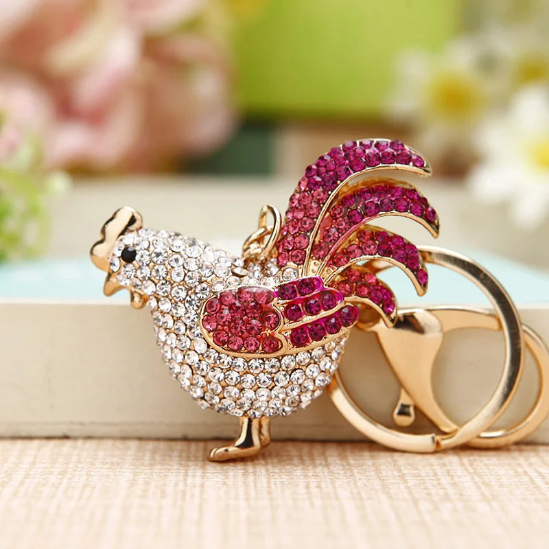 Cock Luxury Rooster Chicken Keychains Crystal Trinket Key Ring chains Holder Metal Animal Keyrings