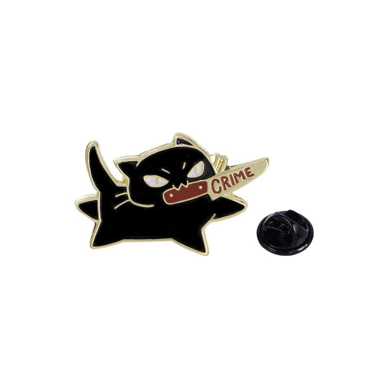 Cartoon brooch badge alloy drip oil black cat knife decoration