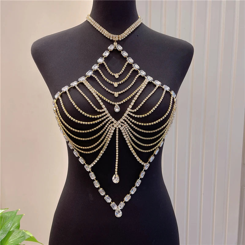 2022 New Women's Body Jewelry Sexy Bikini Lingerie Rhinestone Big Heart Bra Ladies Camisole Body Chain Harness Accessories