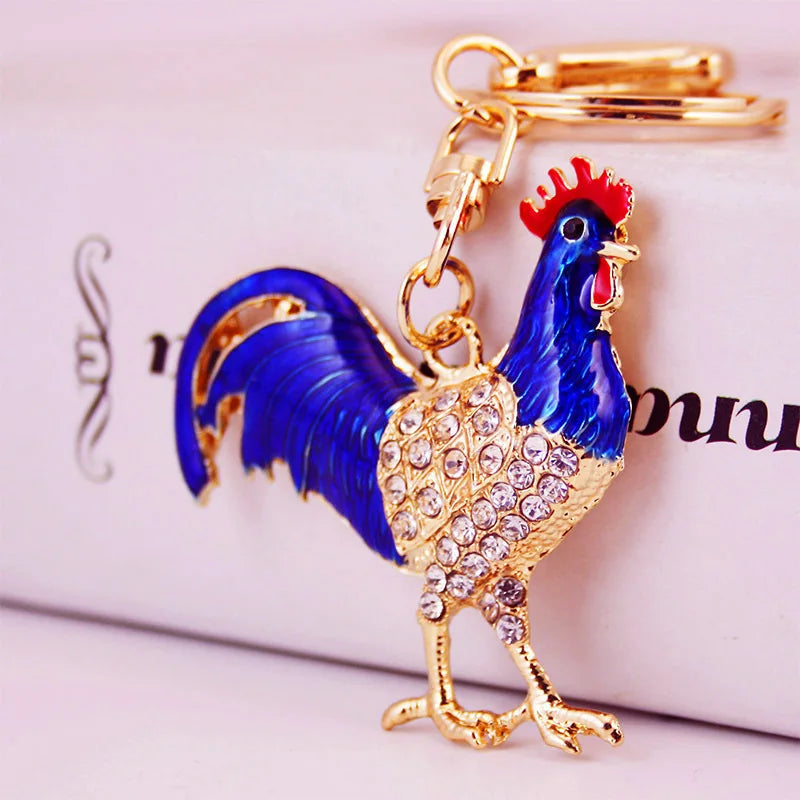 Cock Luxury Rooster Chicken Keychains Crystal Trinket Key Ring chains Holder Metal Animal Keyrings
