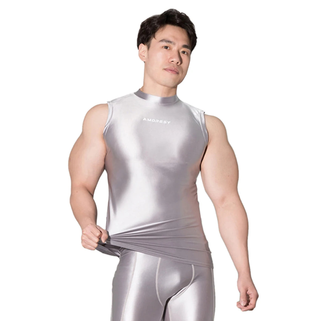 AMORESY Poseidon Series Men Glitter Satin Sleeveless Tight Sportwear Running Cycling Gym Outdoor Vest Tops Breathable Underwear