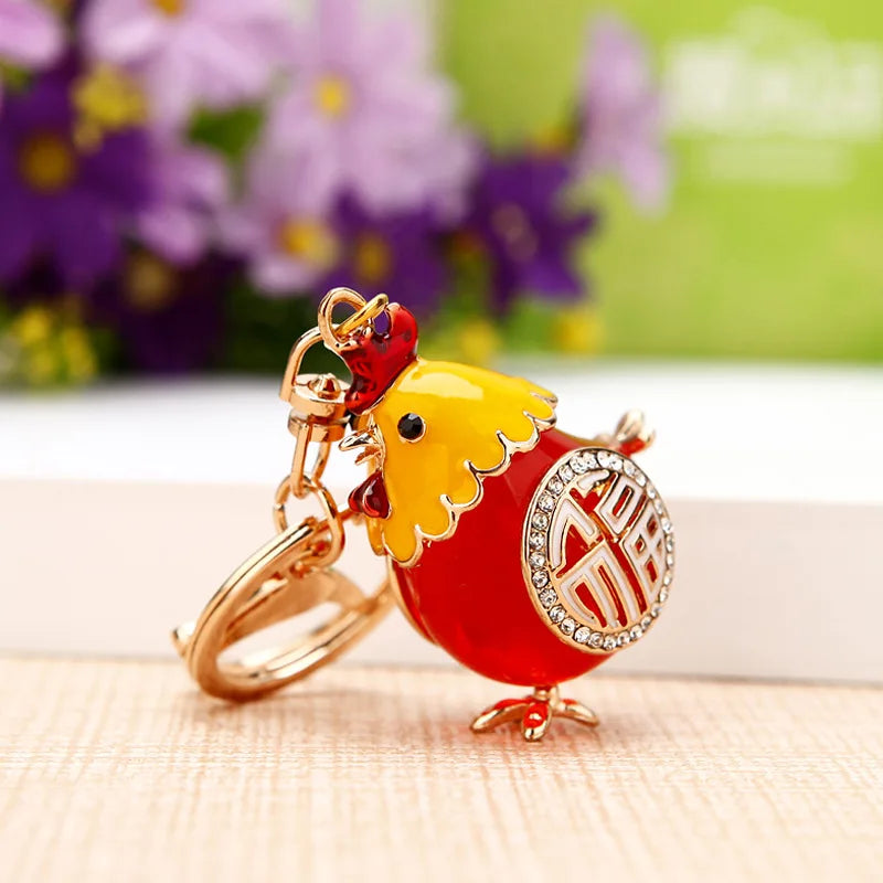 Cock Luxury Rooster Chicken Keychains Crystal Trinket Key Ring chains Holder Metal Animal Keyrings