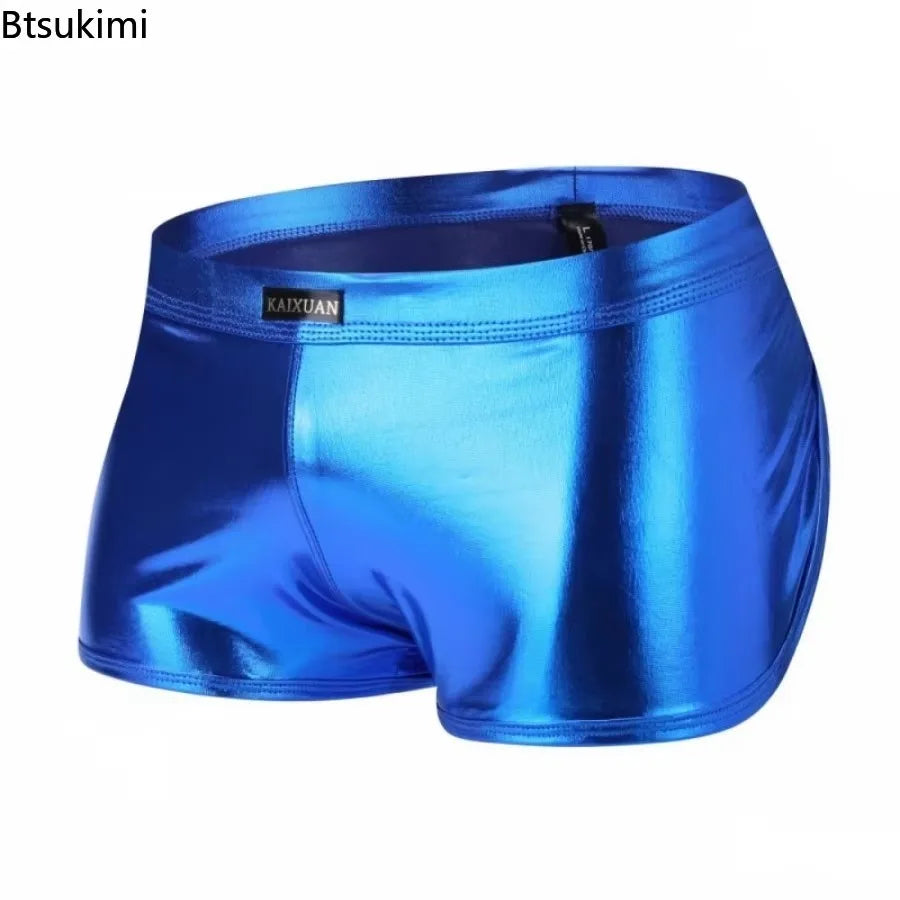 Men's Patent Leather Shorts Shiny Underpants Night Club Reflection Boxer Trunks Soft Underwear Low Rise Panties Casual Aro Pant