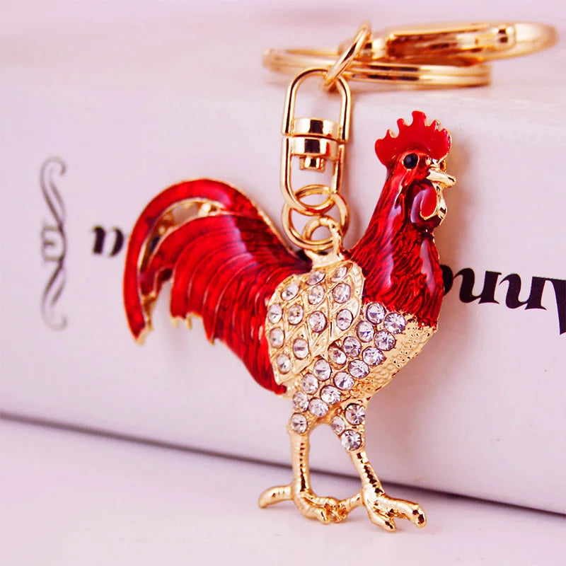 Cock Luxury Rooster Chicken Keychains Crystal Trinket Key Ring chains Holder Metal Animal Keyrings