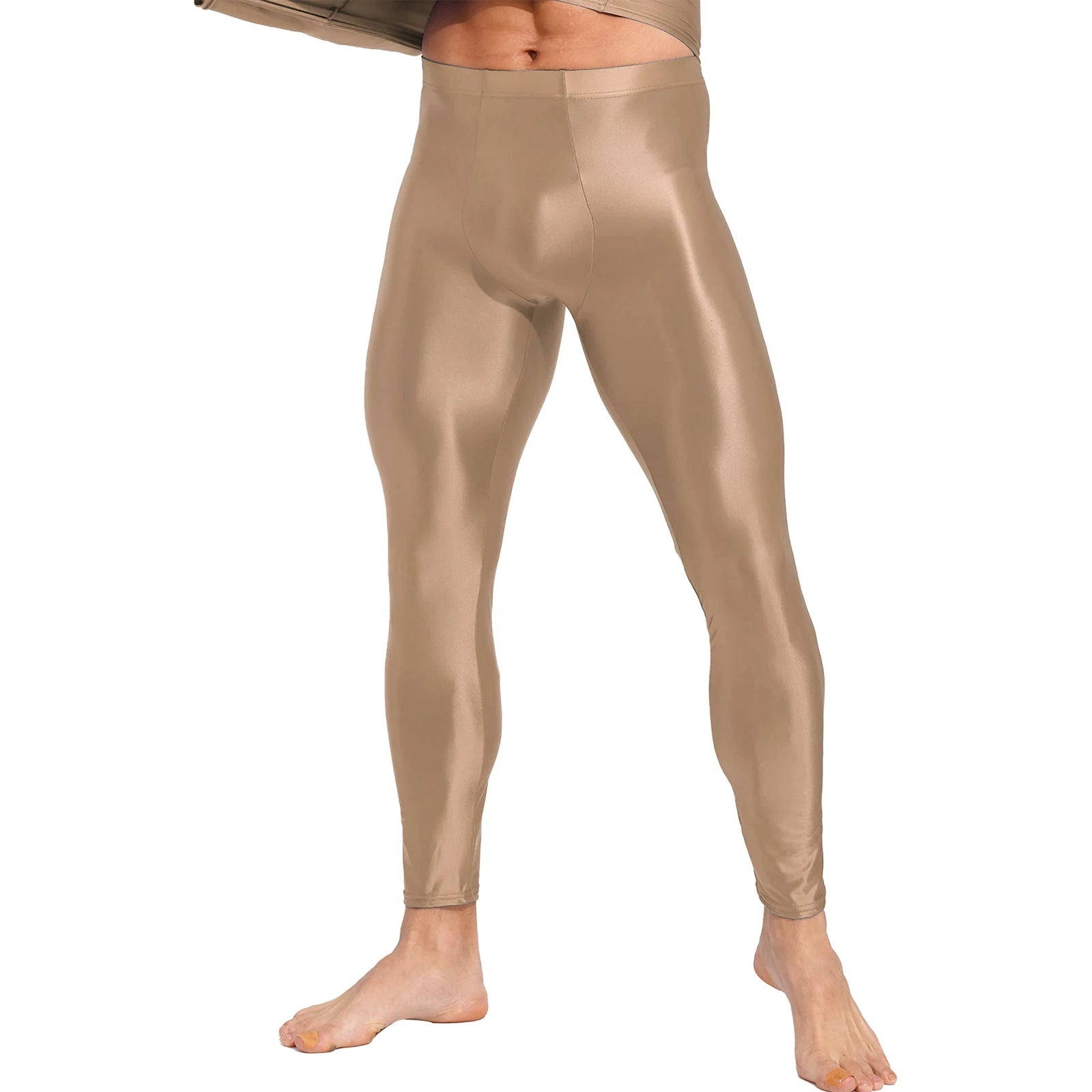 Men's Glossy Oil Tights Long Pants Skinny Leg Trousers Underwear Solid Color Leggings for Exercise Running Gym Fitness Workout
