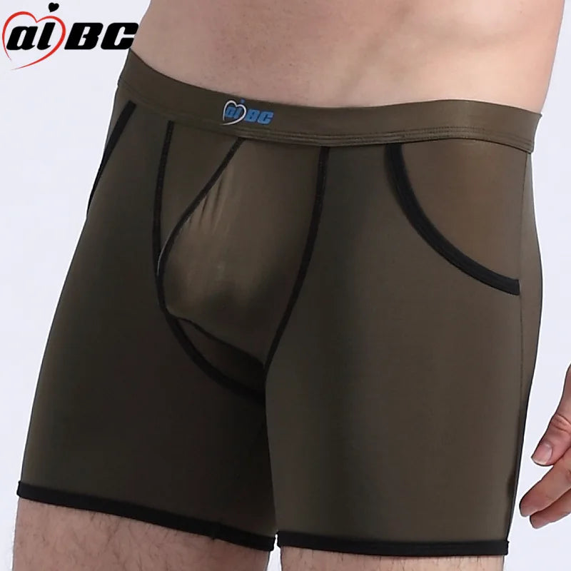 AIBC Sports Underwear For Men Long Boxer Shorts Ice Silk With Pocket Thin Underpants Comfortable Athletic Wear For Running Gym