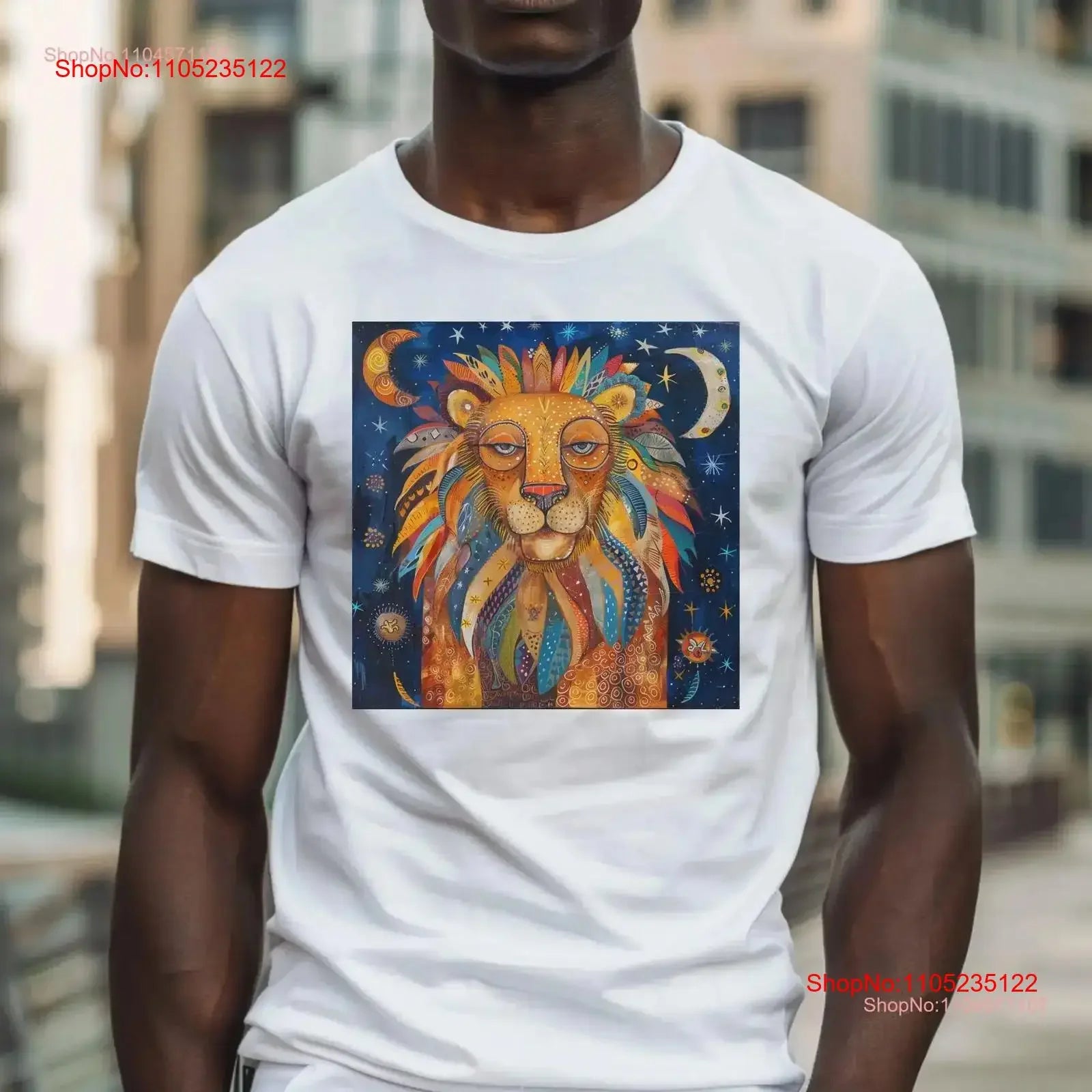 Lion Under Moon and Stars Primitivism ArT T Shirt Painting Design Cute Lover Idea vintage Washed Casual Top For Everyday Wear