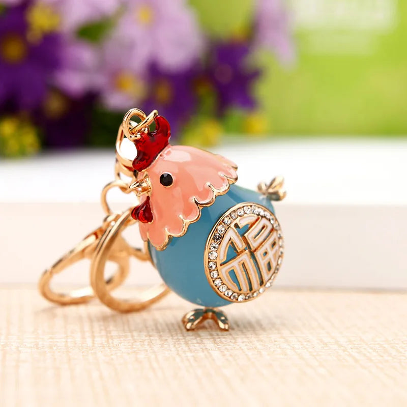 Cock Luxury Rooster Chicken Keychains Crystal Trinket Key Ring chains Holder Metal Animal Keyrings