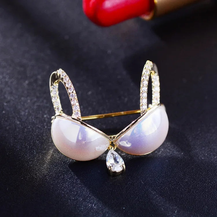 Blucome Cubic Zircon Gold Color Bra Underwear Brooches Gold Color Rhinestone Women Rhinestone Underclothes Brooch Pins