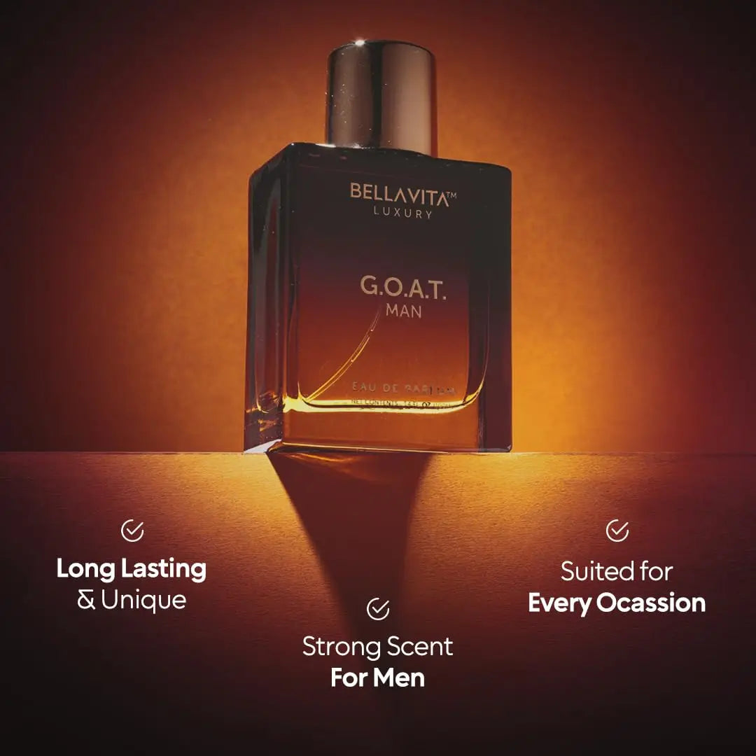 BellaVita Luxury G.O.A.T. Men's Eau De Parfum 3.4 Fl.oz Natural Refreshing Notes Bergamot Long Lasting Fragrance Natural Cologne