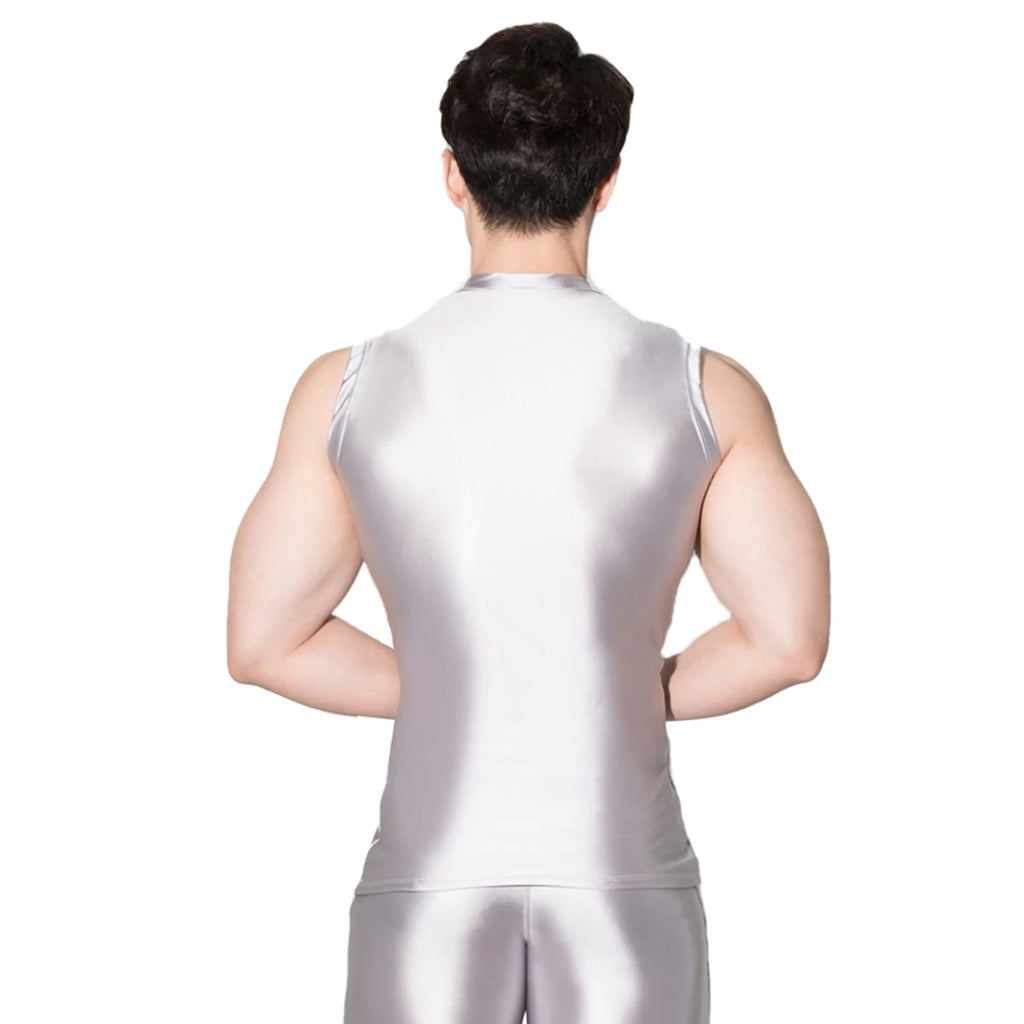AMORESY Poseidon Series Men Glitter Satin Sleeveless Tight Sportwear Running Cycling Gym Outdoor Vest Tops Breathable Underwear
