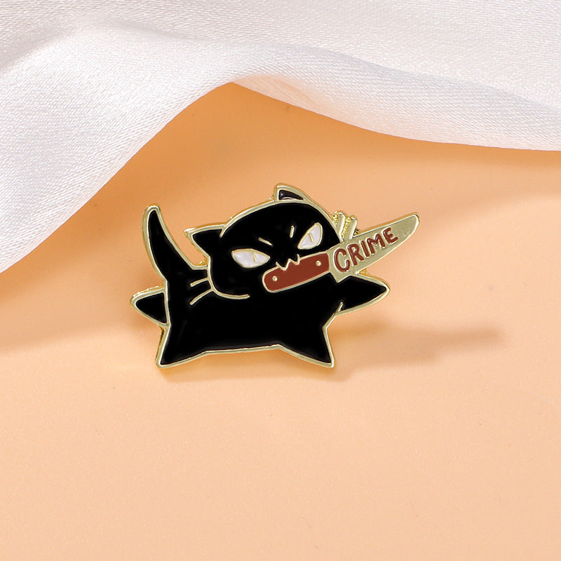 Cartoon brooch badge alloy drip oil black cat knife decoration