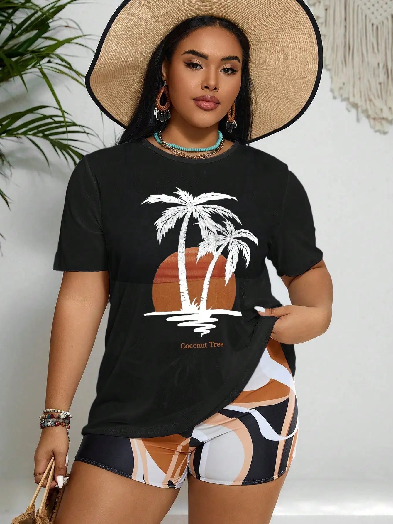 Plus Size Women Summer Beach Wireless Tankini Set With Palm Tree Printed Cover Up
