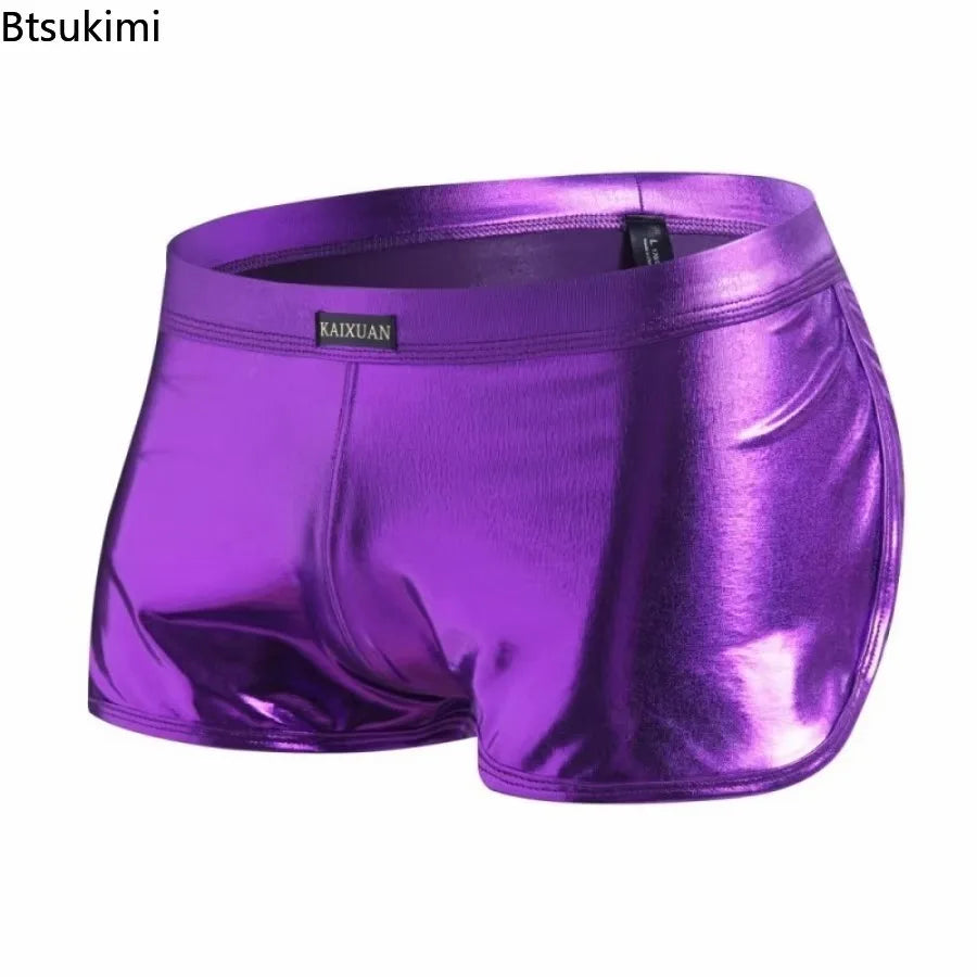 Men's Patent Leather Shorts Shiny Underpants Night Club Reflection Boxer Trunks Soft Underwear Low Rise Panties Casual Aro Pant