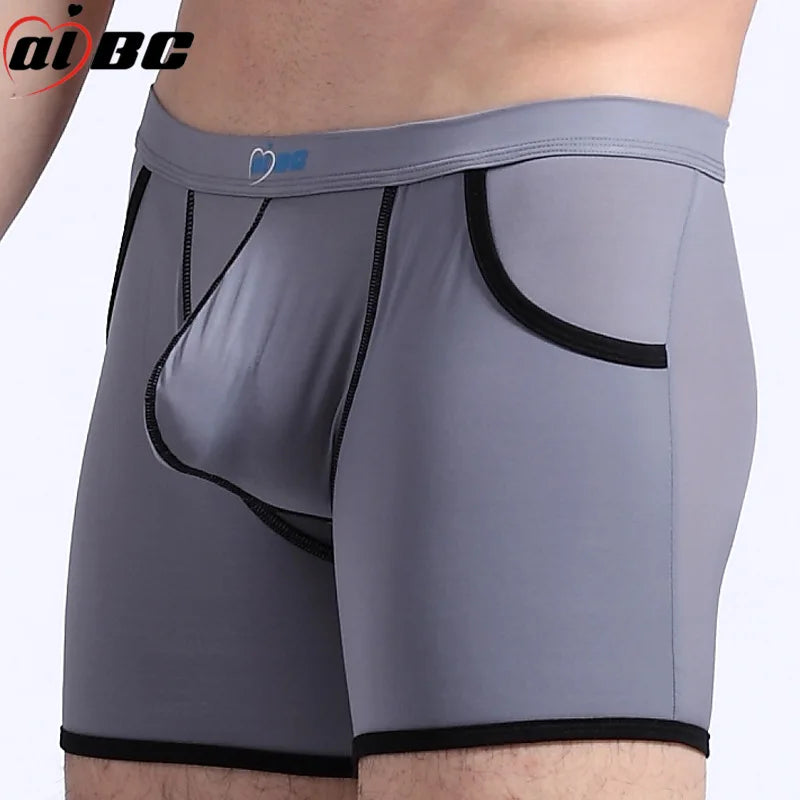 AIBC Sports Underwear For Men Long Boxer Shorts Ice Silk With Pocket Thin Underpants Comfortable Athletic Wear For Running Gym