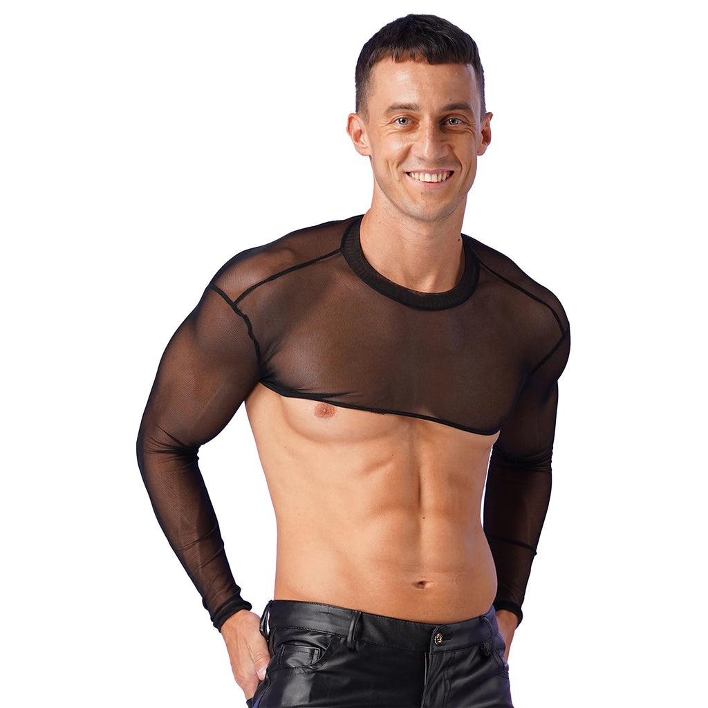 Men Cropped T Shirt Mesh See Through Long Sleeve Sexy Tee Cropped Tops Cover Ups Underwear Streetwear Party Nightclub Camisetas