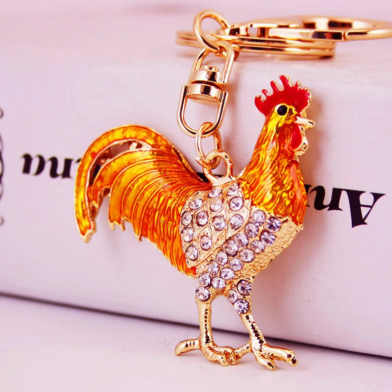 Cock Luxury Rooster Chicken Keychains Crystal Trinket Key Ring chains Holder Metal Animal Keyrings