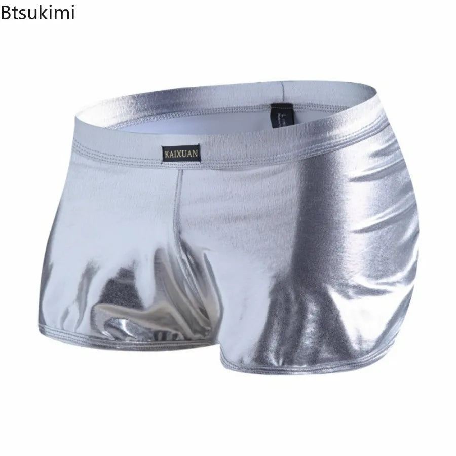 Men's Patent Leather Shorts Shiny Underpants Night Club Reflection Boxer Trunks Soft Underwear Low Rise Panties Casual Aro Pant