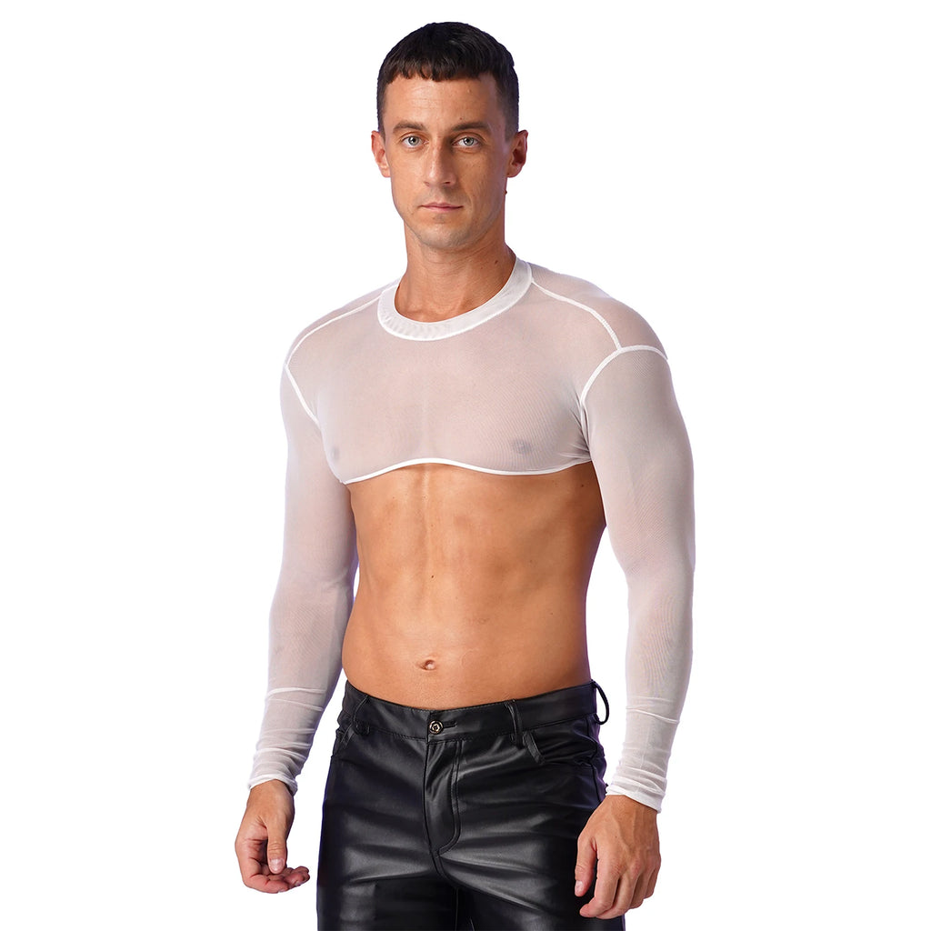 Men Cropped T Shirt Mesh See Through Long Sleeve Sexy Tee Cropped Tops Cover Ups Underwear Streetwear Party Nightclub Camisetas