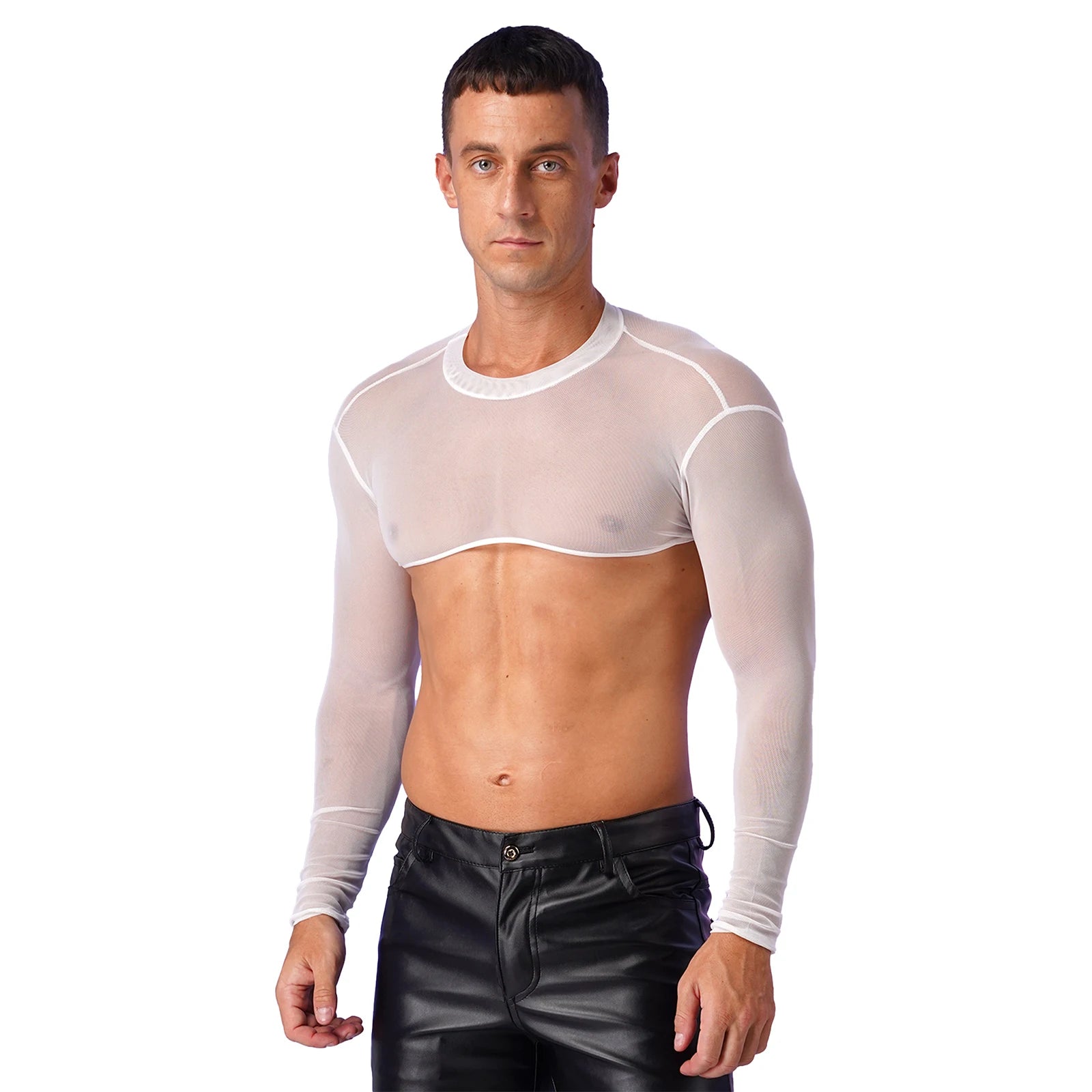 Men Cropped T Shirt Mesh See Through Long Sleeve Sexy Tee Cropped Tops Cover Ups Underwear Streetwear Party Nightclub Camisetas