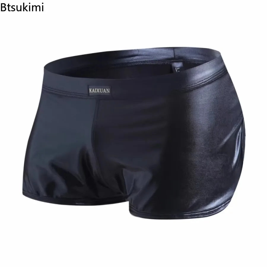 Men's Patent Leather Shorts Shiny Underpants Night Club Reflection Boxer Trunks Soft Underwear Low Rise Panties Casual Aro Pant