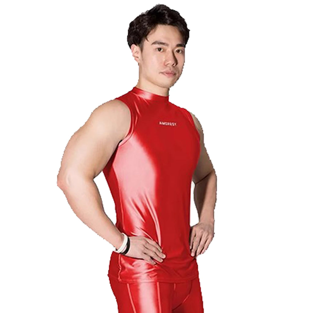 AMORESY Poseidon Series Men Glitter Satin Sleeveless Tight Sportwear Running Cycling Gym Outdoor Vest Tops Breathable Underwear