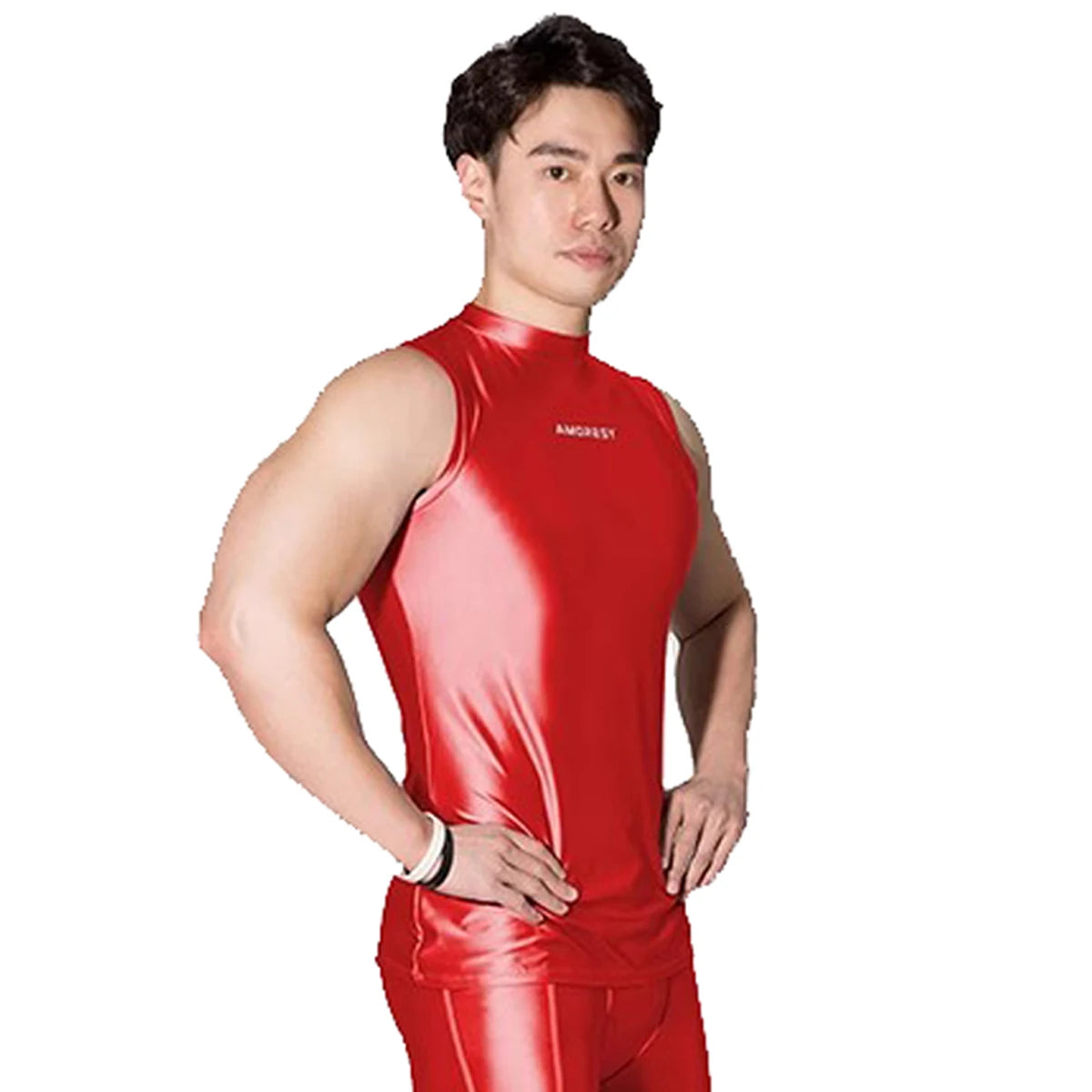 AMORESY Poseidon Series Men Glitter Satin Sleeveless Tight Sportwear Running Cycling Gym Outdoor Vest Tops Breathable Underwear