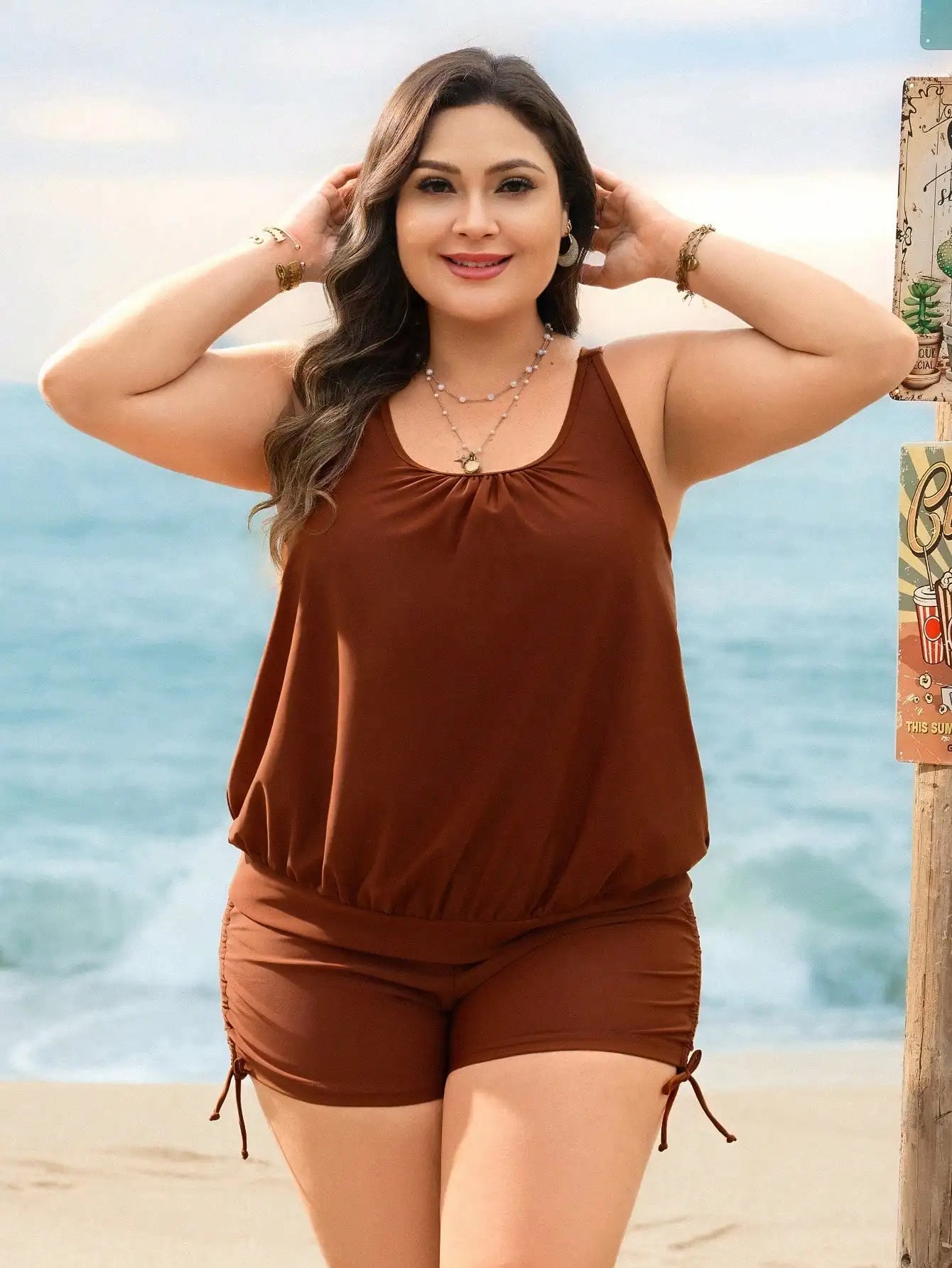 Plus Size Summer Beach Solid Sleeveless Ruched Tankini Set