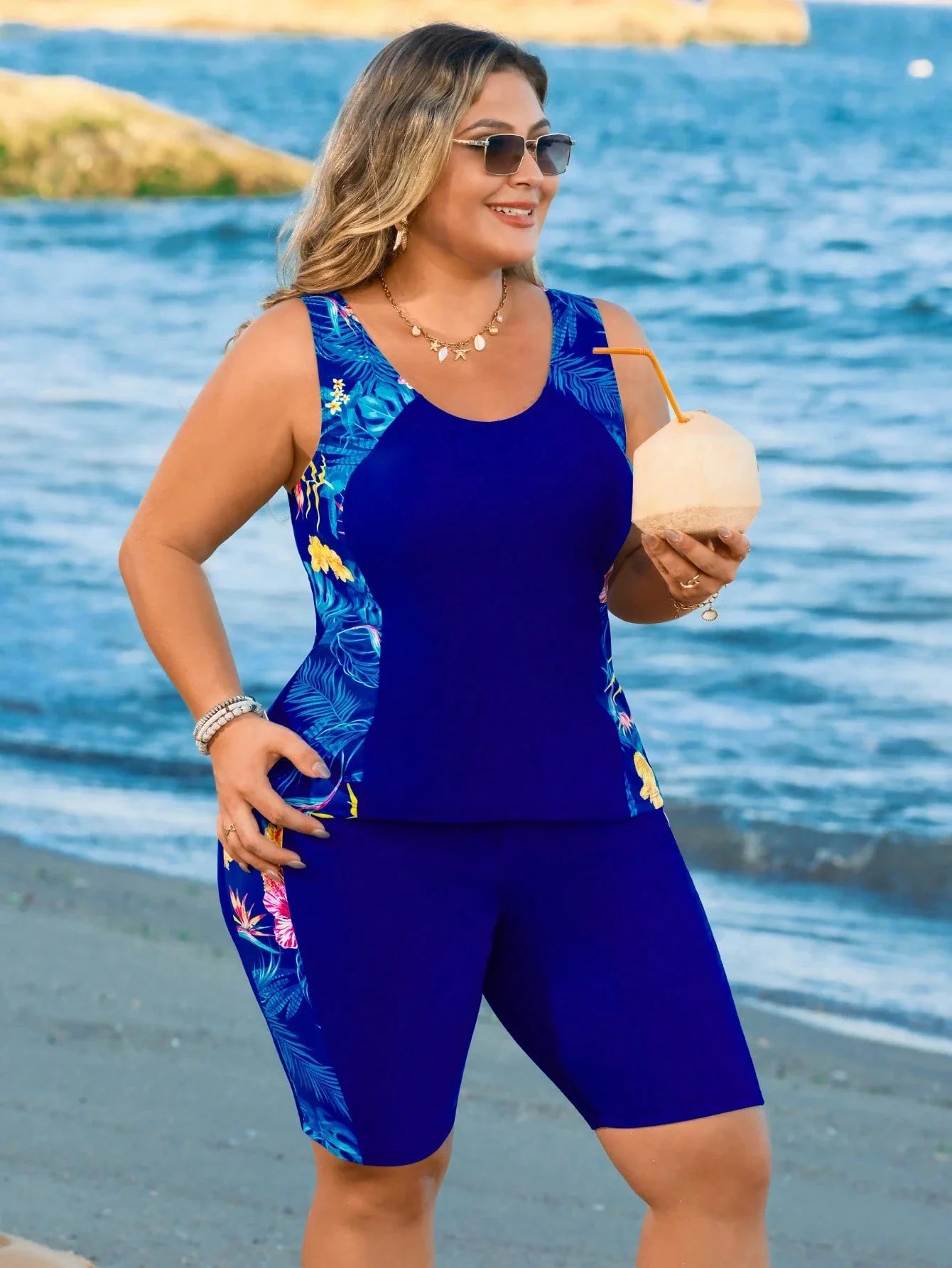 Curvy Women's Two-Piece Blue Swimsuit With Tummy Control Crop Top For Beach, Pool And Summer Activities