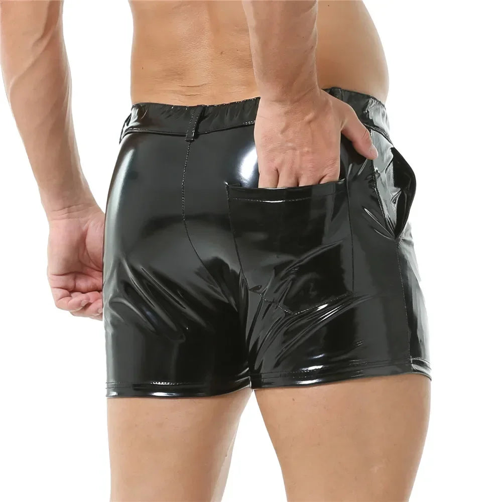 Men Wet Look Leather Underwear Boxers Shorts Briefs Leather Hot Pants Underpant Boxers Nightclub Party Stage Performance Costume