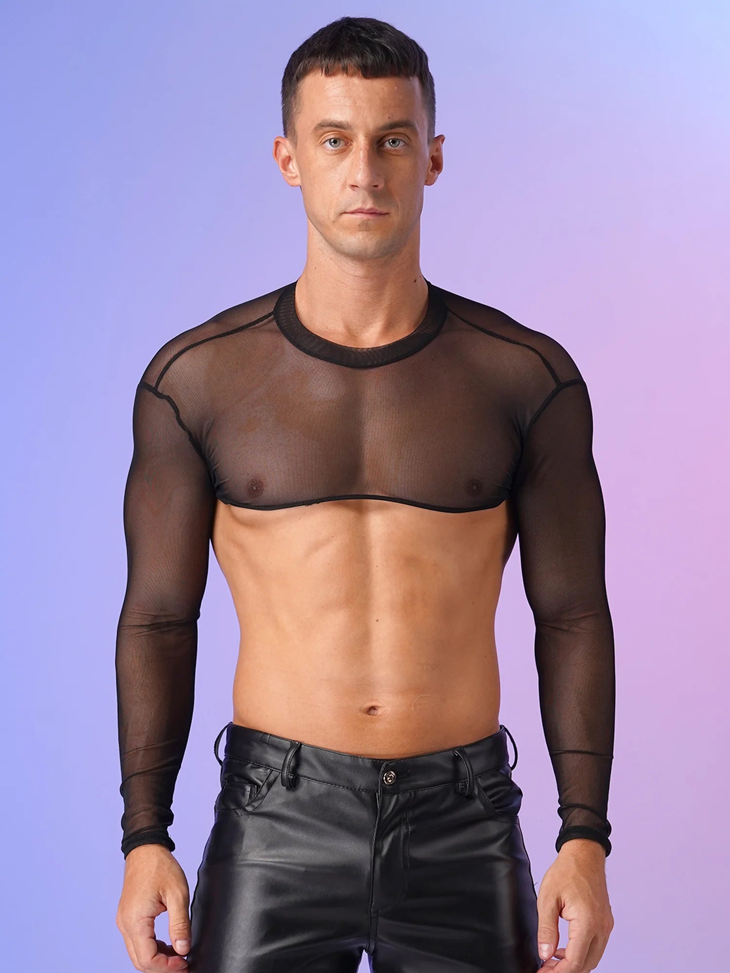 Men Cropped T Shirt Mesh See Through Long Sleeve Sexy Tee Cropped Tops Cover Ups Underwear Streetwear Party Nightclub Camisetas