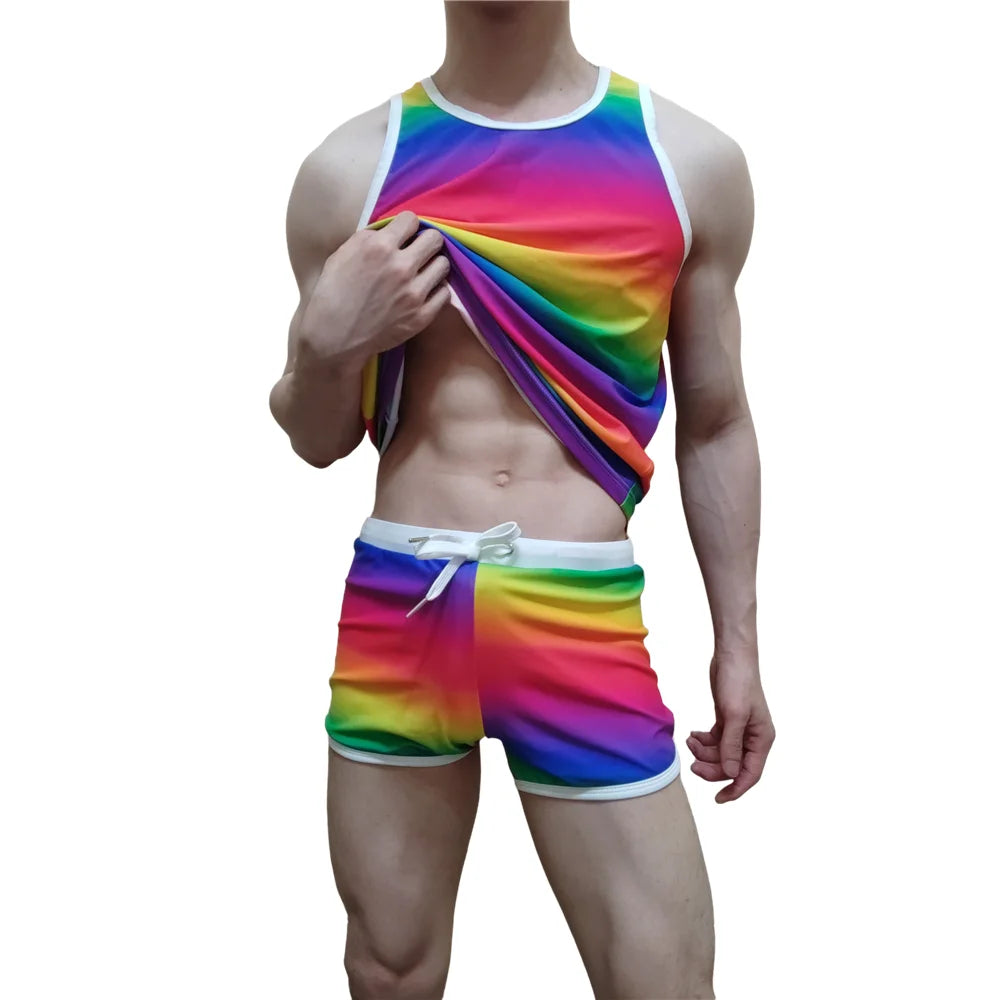 Men's Tank Top Swimming Trunks Short Beach Pants Ice Silk Print Cool and Comfortable Fashion Outdoor Sports Men's Sleeveless Top