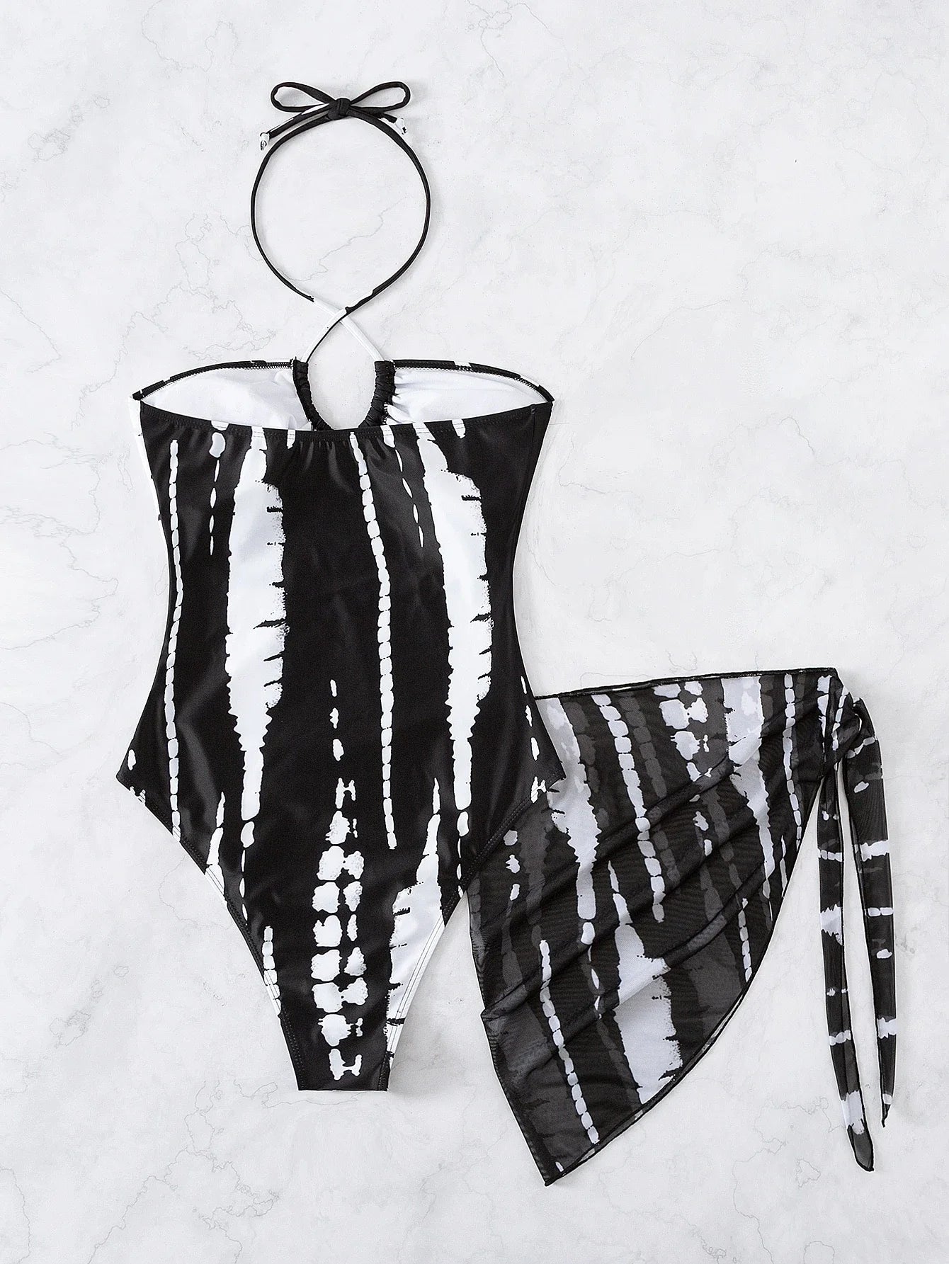 Abstract Black White Tie Dye Halter One Piece With Cutout Detail And Sheer Wrap Skirt