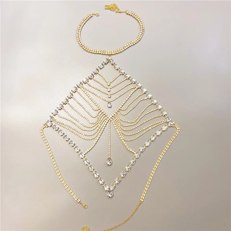 2022 New Women's Body Jewelry Sexy Bikini Lingerie Rhinestone Big Heart Bra Ladies Camisole Body Chain Harness Accessories