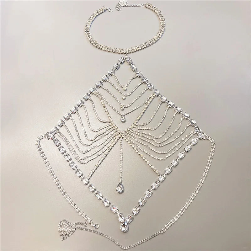 2022 New Women's Body Jewelry Sexy Bikini Lingerie Rhinestone Big Heart Bra Ladies Camisole Body Chain Harness Accessories