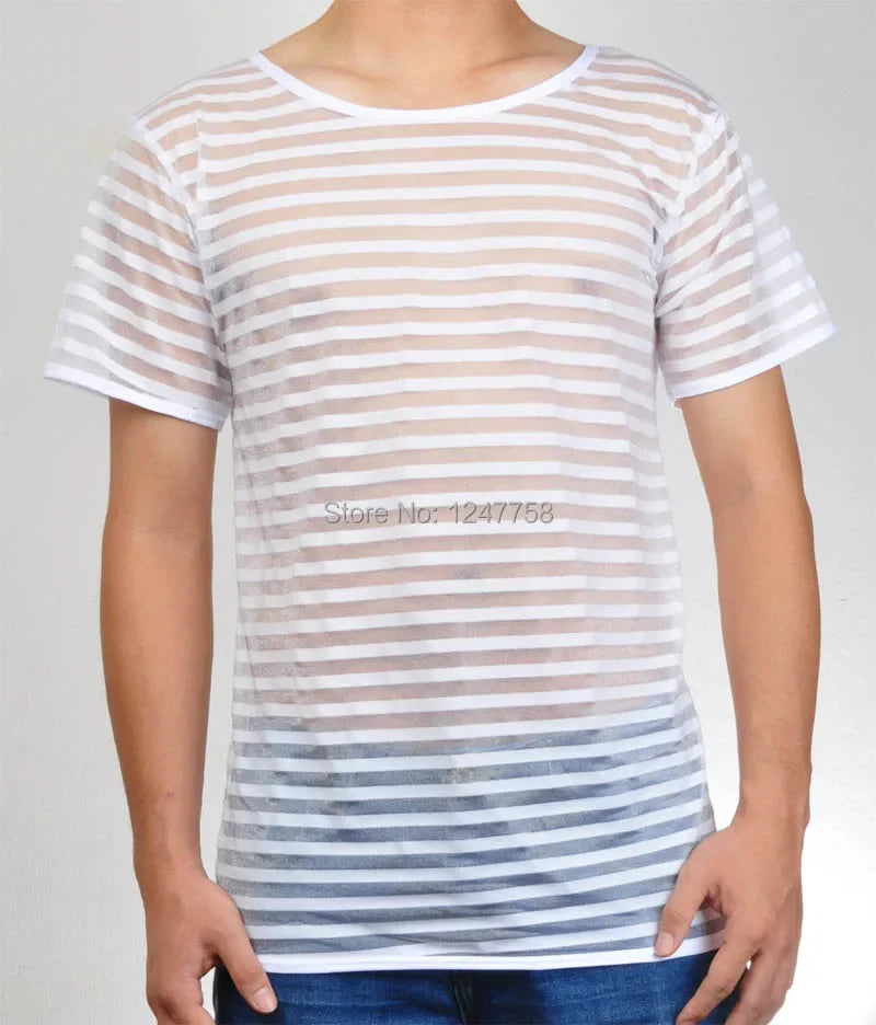 Sexy Male T-Shirt  Undershirts Men Mesh Stripe See Through  Underwear