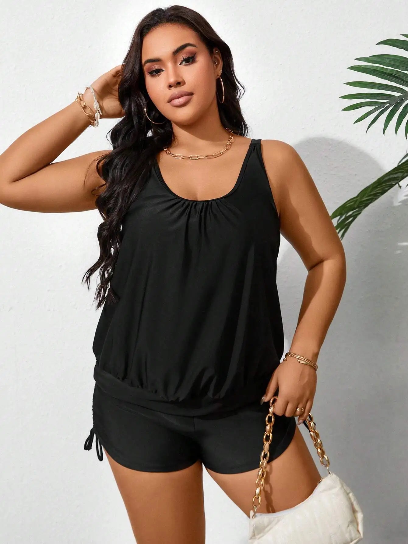 Plus Size Summer Beach Solid Sleeveless Ruched Tankini Set