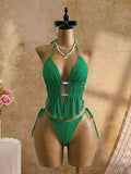 Cream Lace Halter Neck Tankini Set With Beaded Detail And Tie Side Bottoms