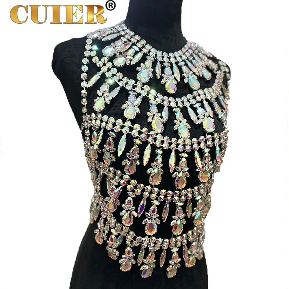 CUIER Gorgeous Crystal AB Glass Gemstone Women Tops Handmade Body Jewelry Sparkly Underwear For Fashion Show Accessories