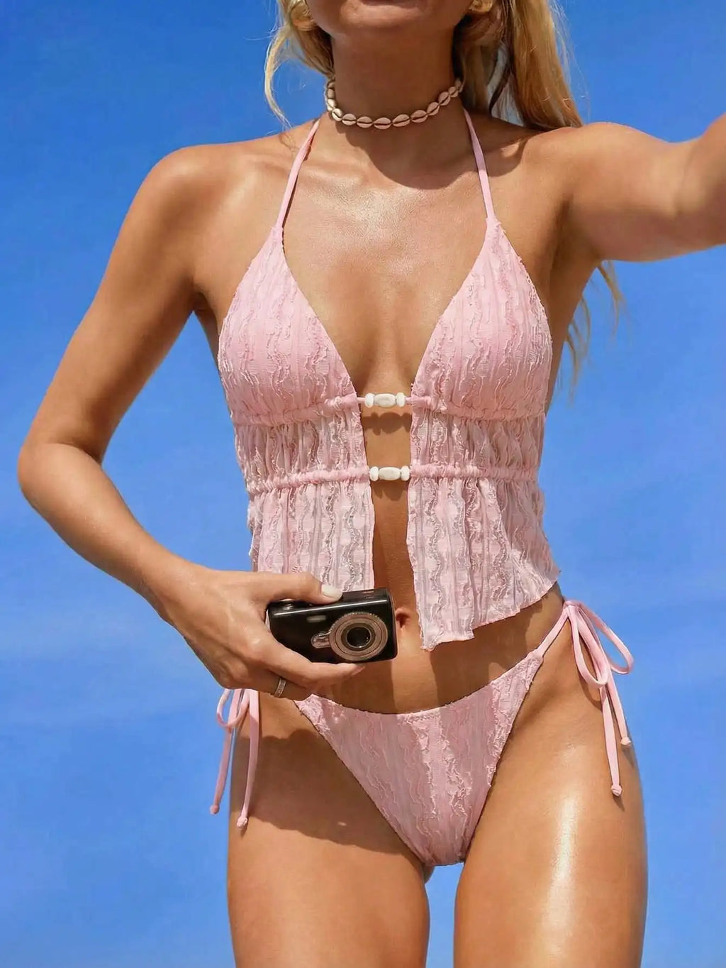 Cream Lace Halter Neck Tankini Set With Beaded Detail And Tie Side Bottoms