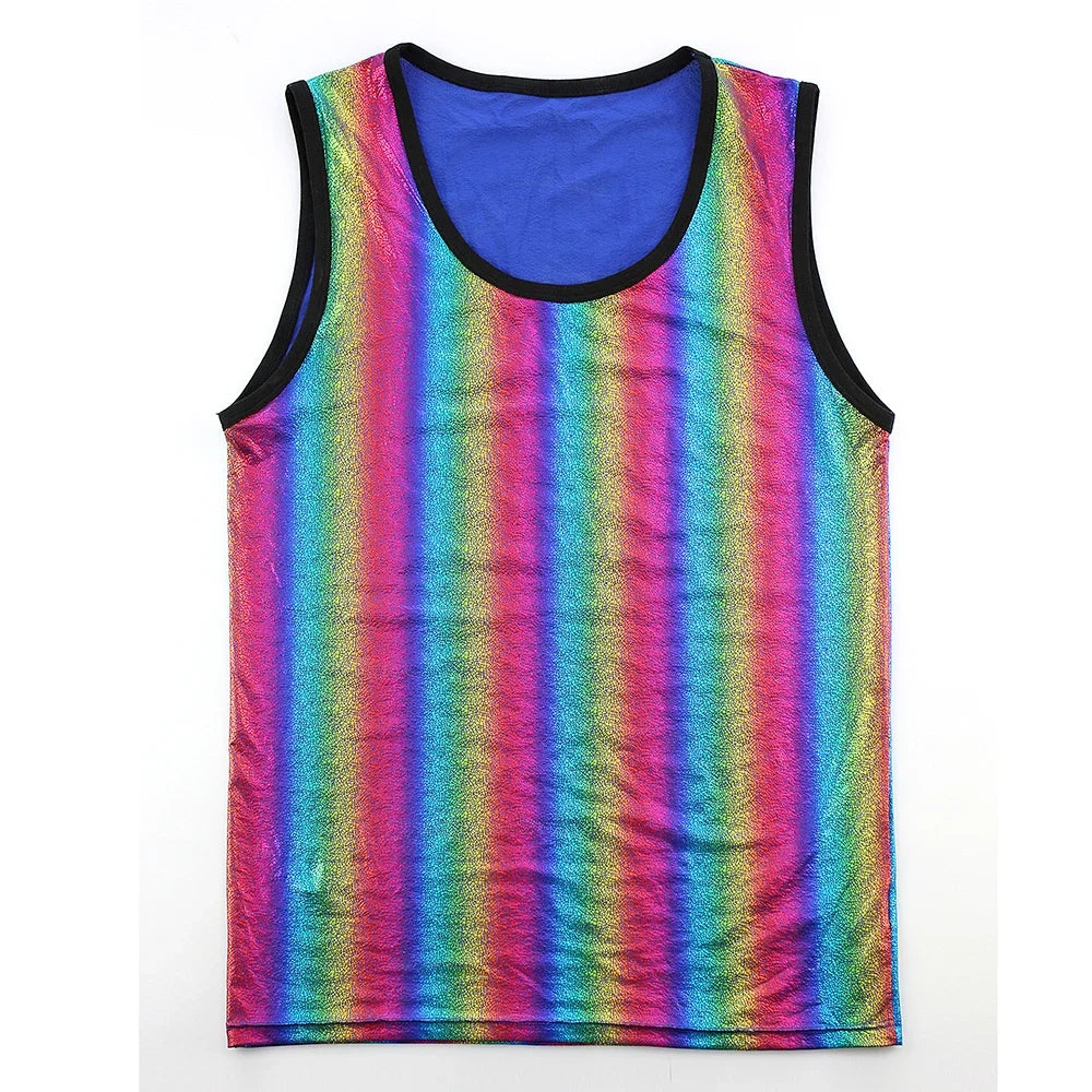 Fashion Men Tank Tops Rainbow Shiny Tank Perform Costume Sleeveless Underwear Vest(not Included Shorts)